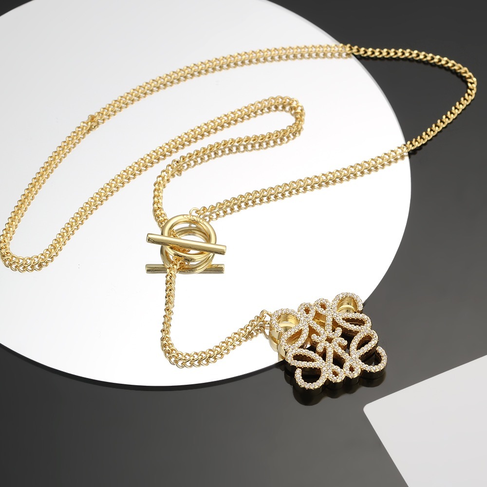 Loewe Gold Tone Paved Crystal Anagram Pendant Long Necklace